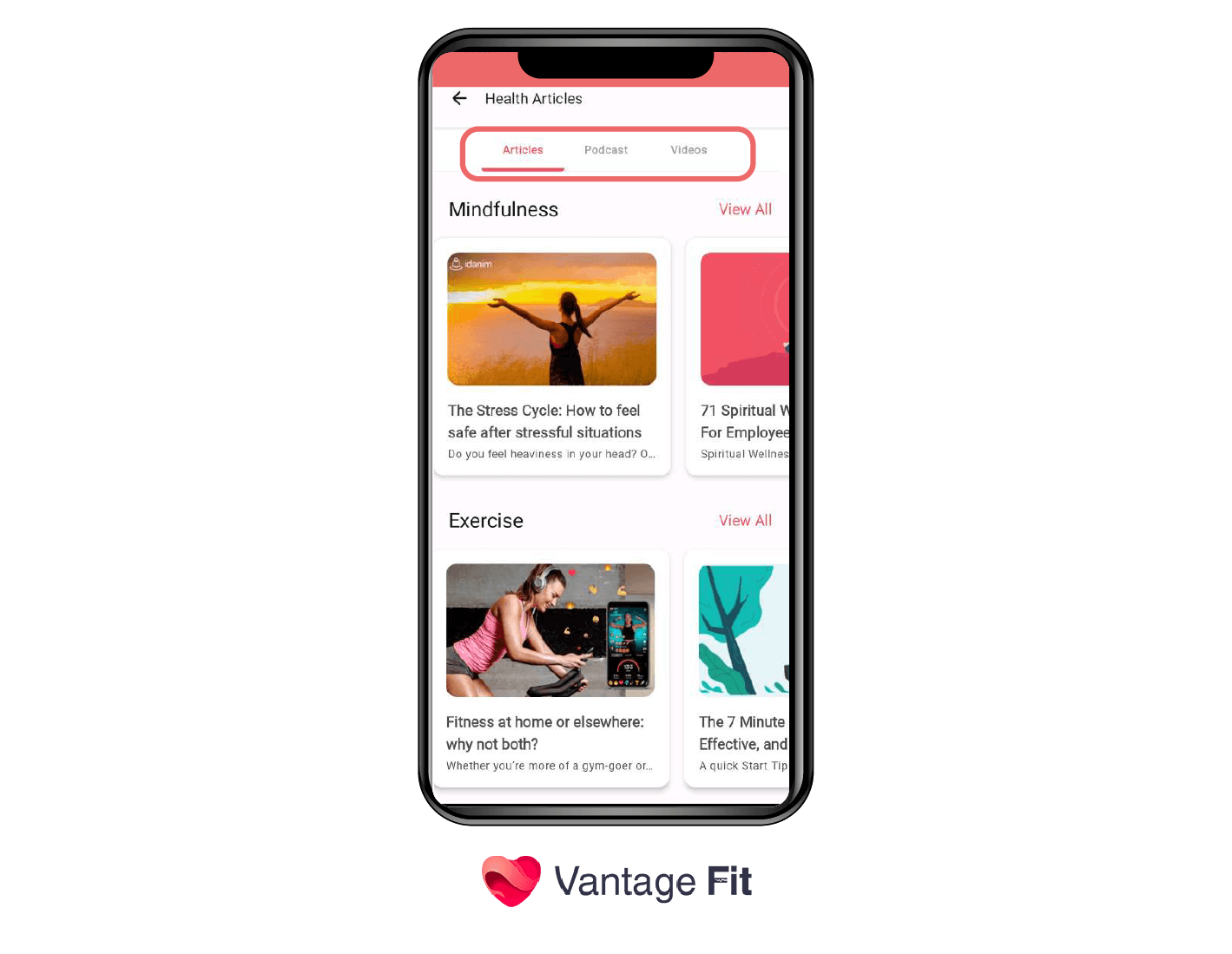 A dashboard image of the Vantage Fit app showcasing the Library Feature